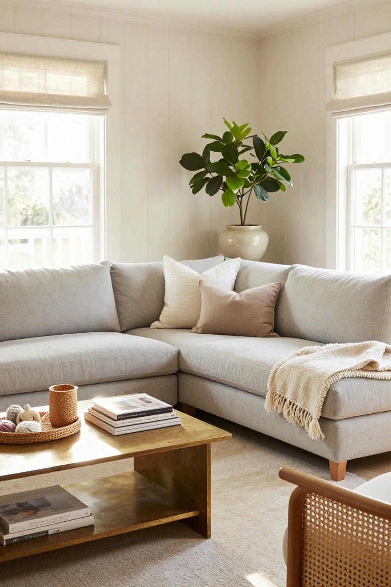 Light gray L-shaped fabric sofa in corner of white shiplap paneled living room with linen roman shades on large windows, tall potted ficus plant, brass coffee table holding books and woven basket with yarn and figurine, neutral pillows and throw blanket, rattan armchair, light rug.