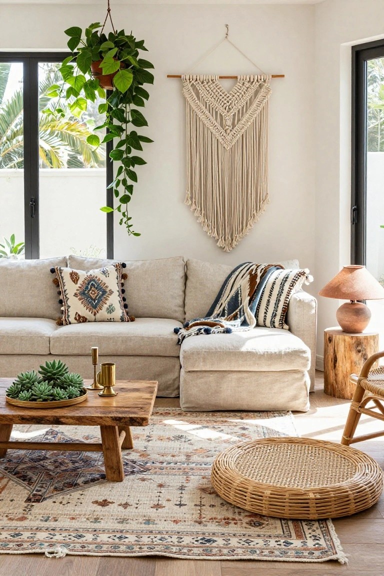 Light beige L-shaped sofa with patterned pillows and blue throw in a bright white-walled living room corner next to large black-framed windows, with macrame wall hanging, potted plants, wooden coffee table holding succulents, and woven rug on wood floor.