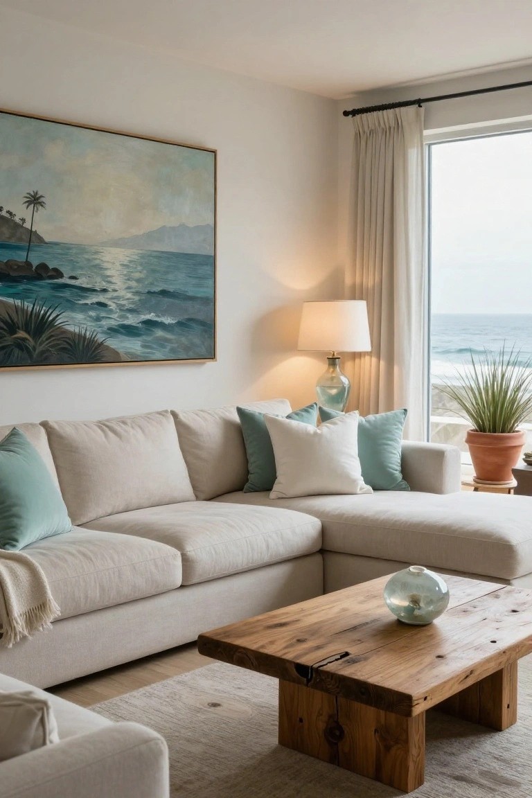 Beige L-shaped corner sofa with white and teal pillows in a light living room featuring a large ocean-view window, wooden coffee table, glass lamp, and potted plant.