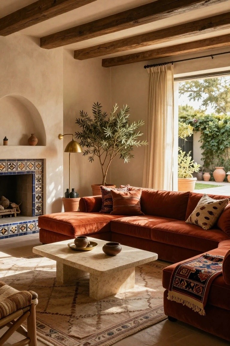Terracotta velvet L-shaped corner sofa in a white stucco-walled living room with exposed wood beams, blue-tiled fireplace, olive tree in orange pot, gold floor lamp, travertine coffee table, Berber-style rug, and large window with sheer curtains overlooking garden.
