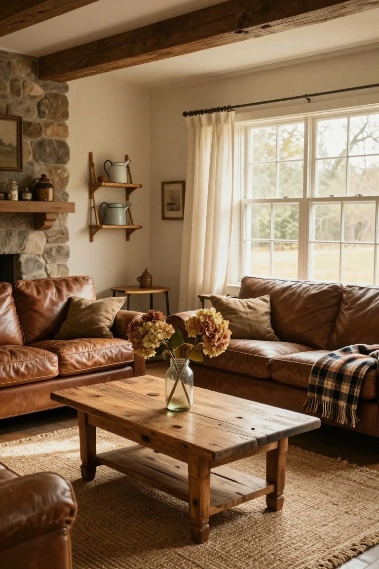 Cozy living room interior with two brown leather sofas arranged facing each other in a corner, wooden coffee table with vase of hydrangeas, stone fireplace, wooden beams on ceiling, shelves with enamelware, and large windows with sheer curtains overlooking trees.
