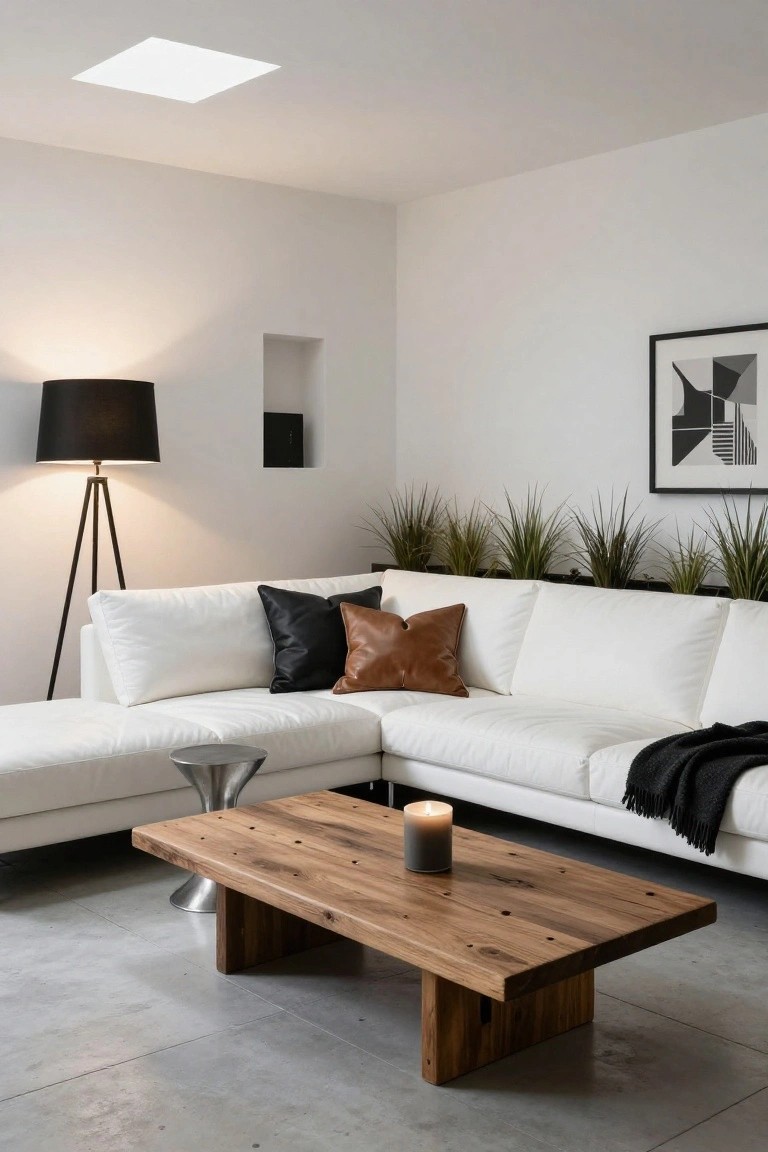 Modern living room with white L-shaped sofa, black tripod floor lamp, metallic side stool, reclaimed wood coffee table holding a candle, leather pillows, potted grasses, and abstract wall art on white walls with concrete floor.