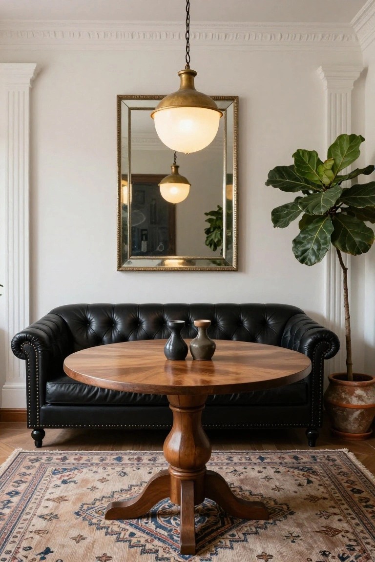 Black tufted leather sofa against white wall with columns, round wooden pedestal coffee table holding two ceramic vases, large brass pendant lights, mirrored wall, fiddle leaf fig plant in terracotta pot, and patterned rug on wood floor.