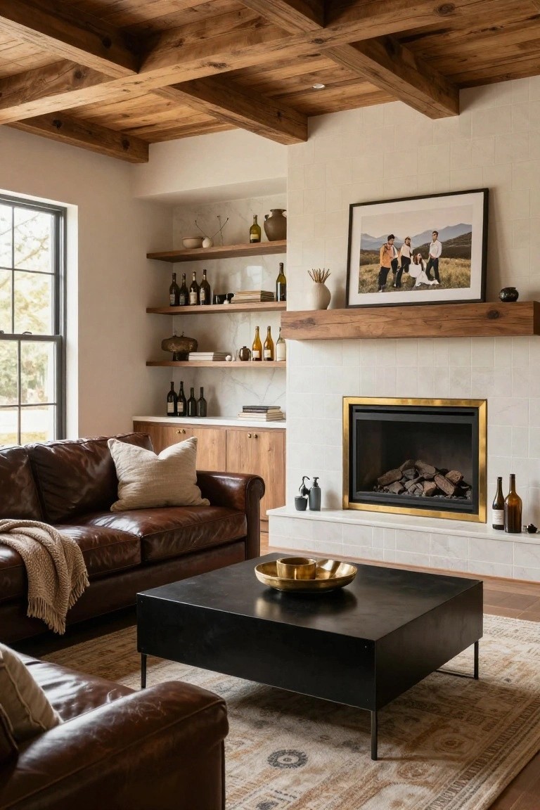 Living room with brown leather L-shaped sofa, exposed wooden beam ceiling, white subway tile fireplace with gold frame and log pile, floating wood shelves holding wine bottles and ceramics, black metal coffee table, and beige patterned rug.