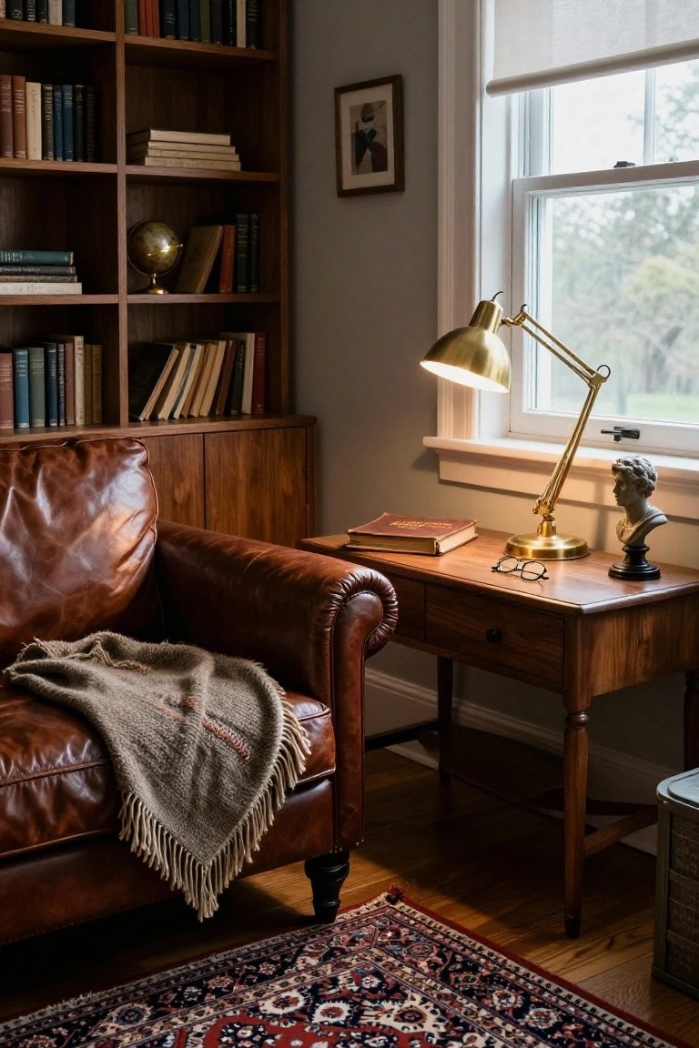Wooden bookshelves filled with books surround a tufted brown leather armchair with a gray throw blanket draped over it, next to a wooden side table with a gold desk lamp, glasses, an open book, and a white bust, beside a window with sheer curtains in a room with hardwood floors and a Persian rug.