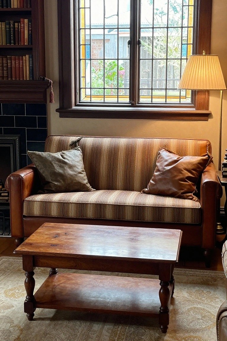 Small loveseat with tan leather arms and edges, striped tan and brown fabric cushions, two throw pillows, wooden coffee table, black-tiled fireplace, bookshelves, and leaded glass window in a warmly lit room.