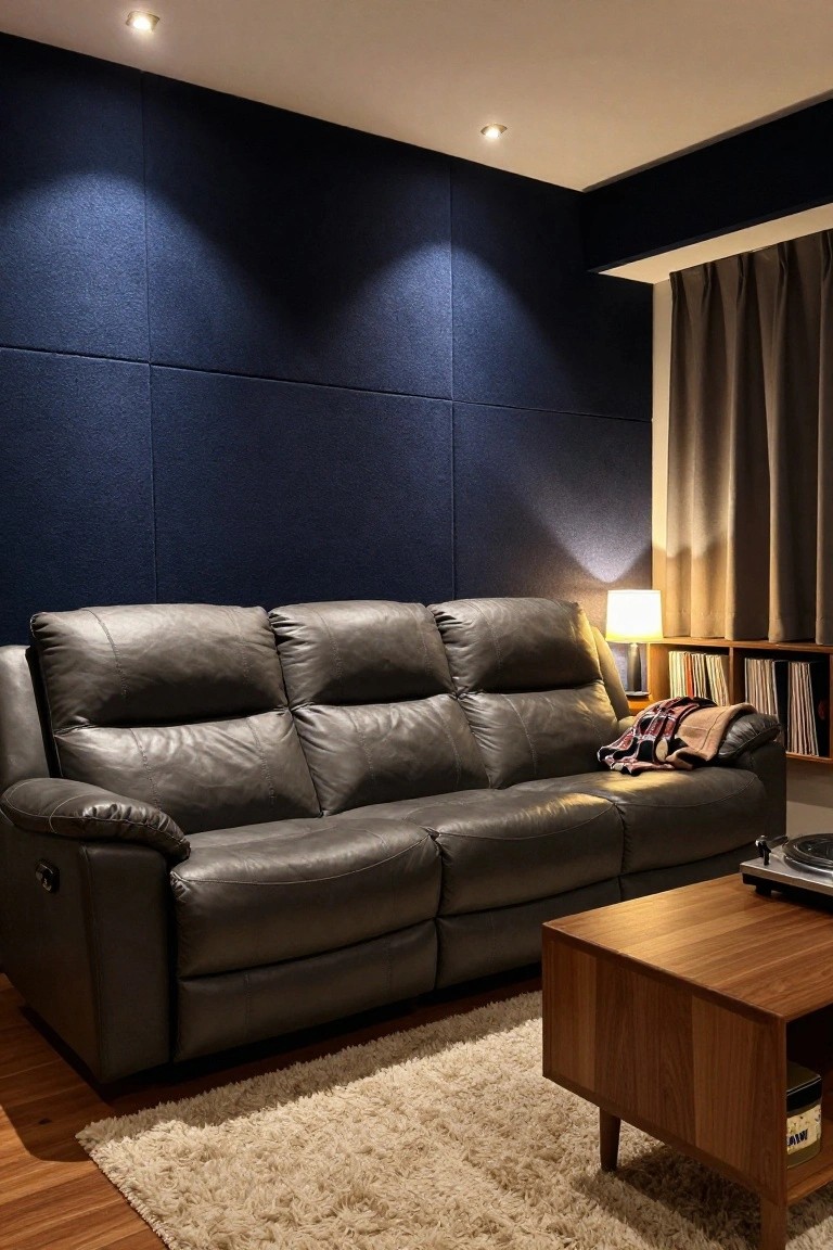 Dark gray leather three-seat sectional sofa in a room with navy blue fabric wall panels, wooden coffee table holding a turntable, bookshelves with vinyl records, a plaid throw blanket, lamp, rug, and recessed ceiling lights.