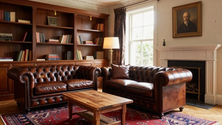 22 Refined Luxury Leather Sofa Designs For A Rich Classic Feel A tufted brown leather Chesterfield sofa sits in front of a white fireplace in a room with wooden bookshelves, a table lamp, and a red and blue Persian rug on wood floors.