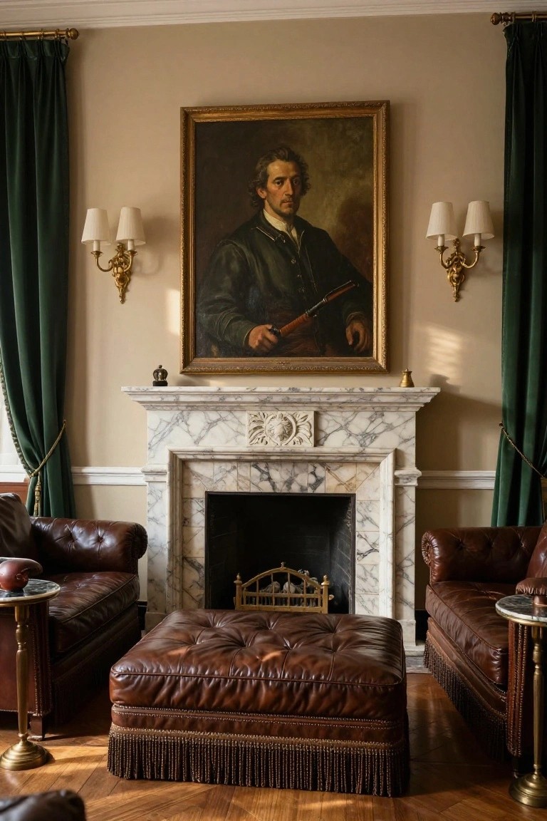 Formal sitting room featuring two tufted brown leather armchairs and a matching leather ottoman centered in front of a white marble fireplace, with green velvet curtains on either side and a portrait painting above the mantel.