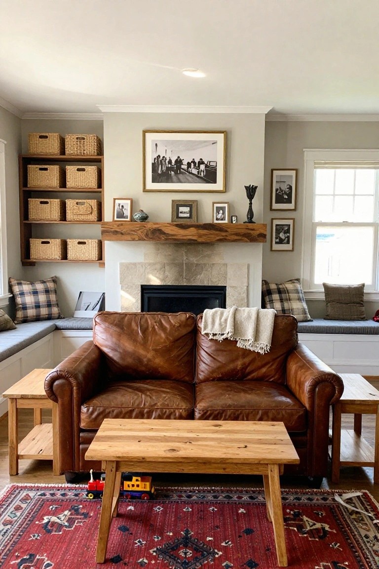 Living room with brown leather sofa facing stone fireplace, wooden coffee table and side tables on red patterned rug, built-in wicker shelves, window seat cushions, and toy train under table.