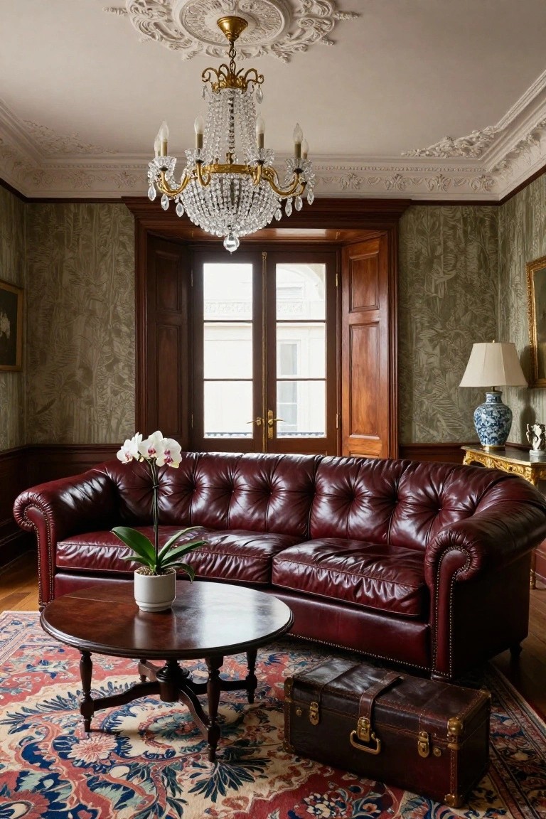 Red tufted leather sofa with white orchids on a wood coffee table in a green wallpapered room featuring a crystal chandelier, blue and white vase on a side table, and wooden French doors.