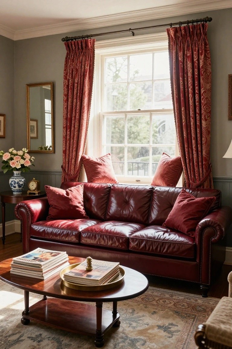 A red leather tufted three-seater sofa with red pillows sits in a living room featuring large sash windows with red patterned curtains, a wooden coffee table with stacked magazines and a gold tray, and a side table holding a blue vase of flowers and a clock.