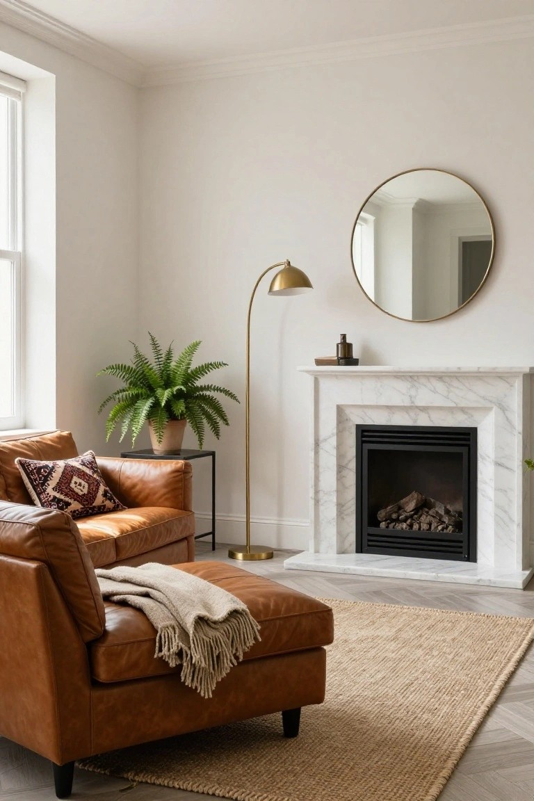 Tan leather chaise sofa with cream knit throw and patterned pillow on black metal frame, next to potted fern plant and gold arc lamp, in front of white marble fireplace on herringbone wood floor in white-walled room with round gold mirror.