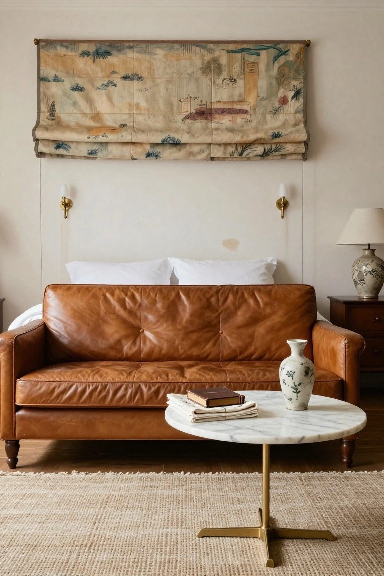 A light-colored bedroom interior with a tan leather sofa next to a white bed, a large beige tapestry wall hanging, wall sconces, Chinese porcelain vases on furniture, and a round white marble table on a beige rug.