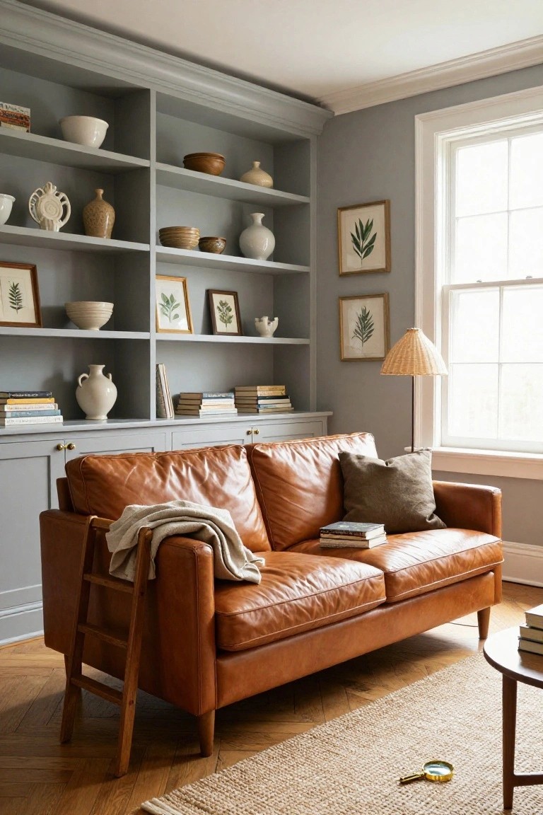 Tan leather two-seater sofa with a throw blanket and pillow in a room featuring gray built-in bookshelves stocked with pottery, books, and plants, a wooden ladder leaning against the sofa, seagrass rug on herringbone wood floor, and a side table nearby.