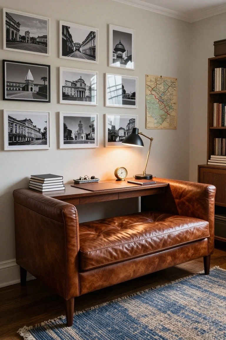 A tan tufted leather daybed integrated with a wooden desk in a study corner, next to bookshelves, with black-and-white framed photos of buildings on the walls and a brass lamp on the desk.