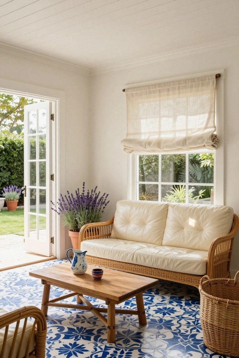 White sunroom with cream leather cushions on rattan sofa, wooden coffee table holding blue-and-white jug and teacup, blue patterned tile floor, potted lavender plants, sheer window shade, and open French doors to garden.