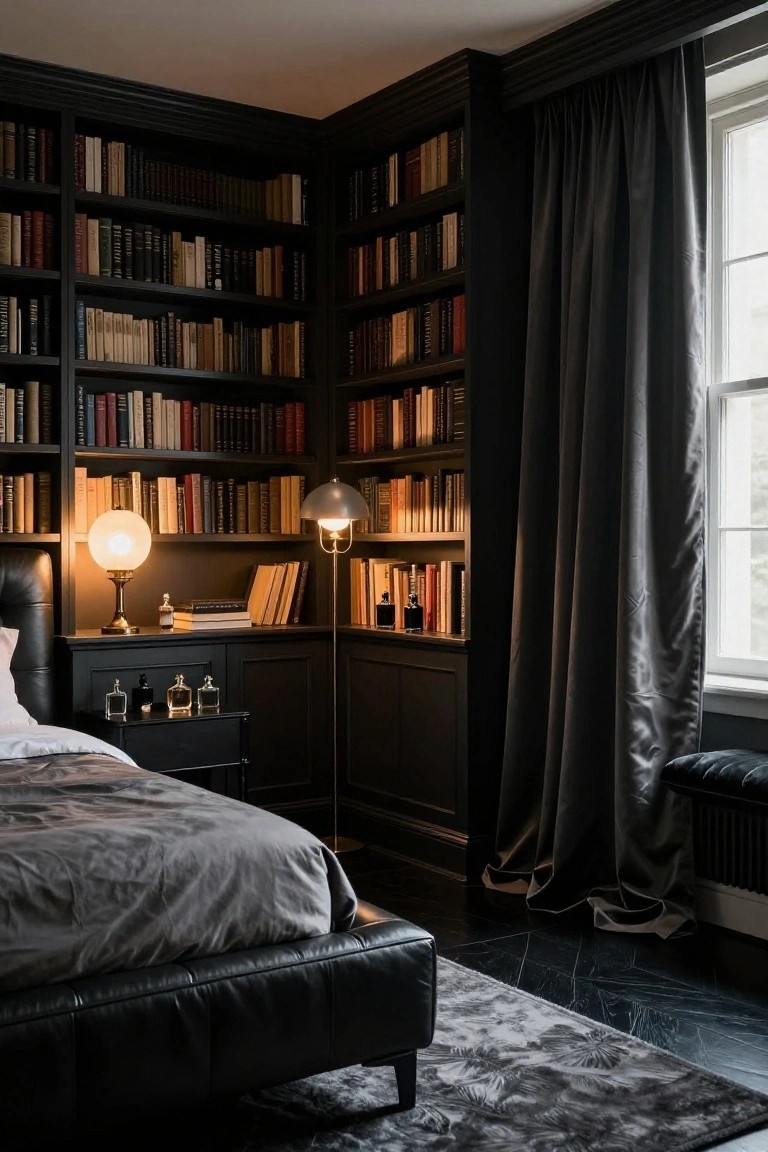 Corner view of a dark luxury bedroom with floor-to-ceiling black wooden bookshelves filled with books on two walls, black leather platform bed, black bedside table holding lamps and glass perfume bottles, floor lamp, heavy gray drapes over window, black floor with gray rug.