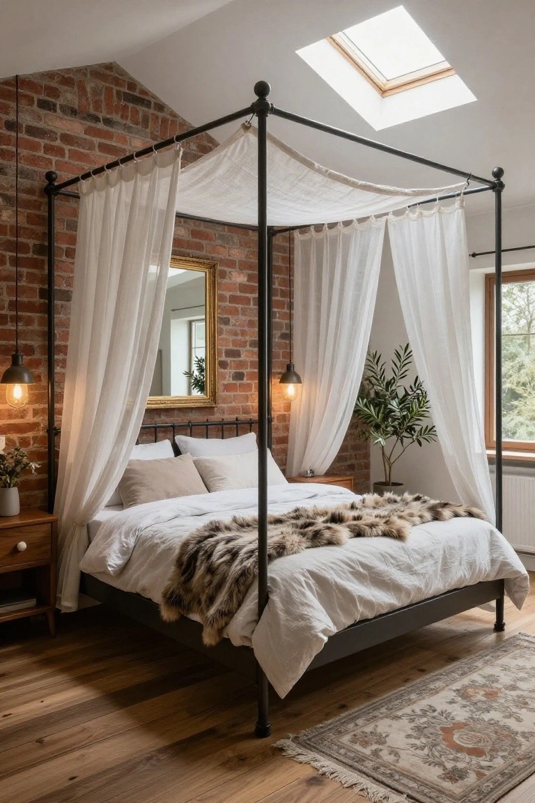 Bedroom with black metal four-poster bed draped in white sheer fabric against exposed brick walls, fur throw on white bedding, wooden nightstand, potted plant, gold-framed mirror, and skylight overhead.