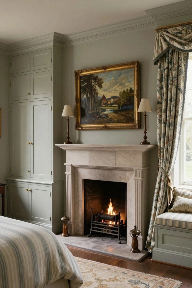 A bedroom interior with a lit fireplace in a limestone mantel flanked by brass lamps and a brass jardiniere, a landscape painting above, built-in gray wardrobes, striped bed, floral curtains at a window seat, and Persian rug on wood floor.