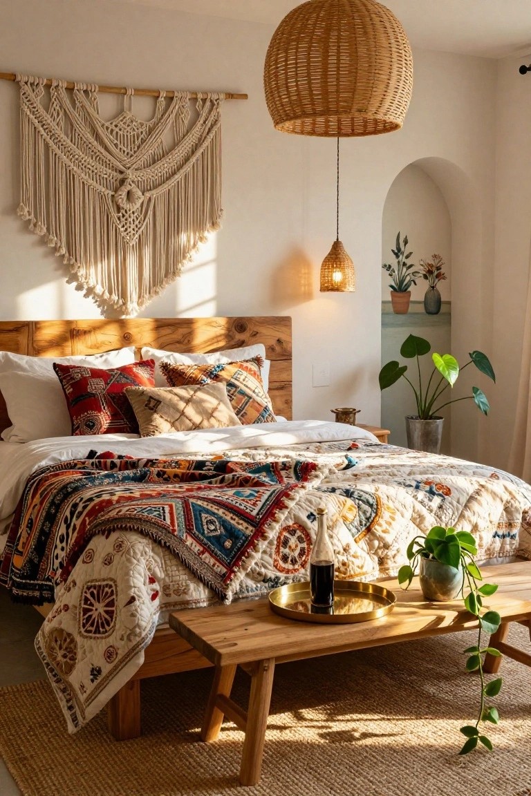 Bedroom with wooden bed frame layered with colorful patterned quilts and pillows, macrame wall hanging, rattan pendant lights, potted plants, wooden bench, and seagrass rug.