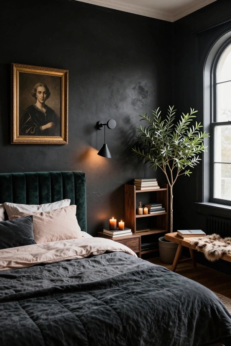 Corner of a bedroom with dark textured walls, gold-framed portrait of a woman, black wall sconce lamp, tall potted olive tree, wooden shelf holding books and candles, emerald green velvet tufted headboard on bed with beige pillows and linens, wooden nightstand, and bench with fur throw.