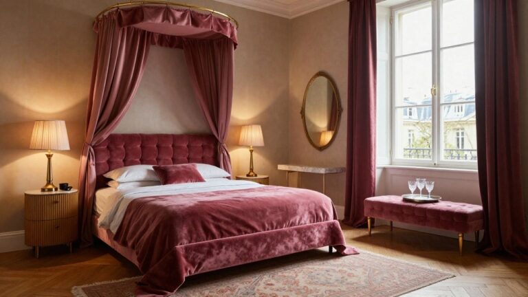 A bedroom with a king bed under pink velvet canopy drapes on a gold arched rod, tufted pink velvet headboard, white sheets with pink pillows and duvet, wood nightstands with lamps, round gold mirror on beige wall, pink velvet ottoman, Persian rug on herringbone hardwood floor.