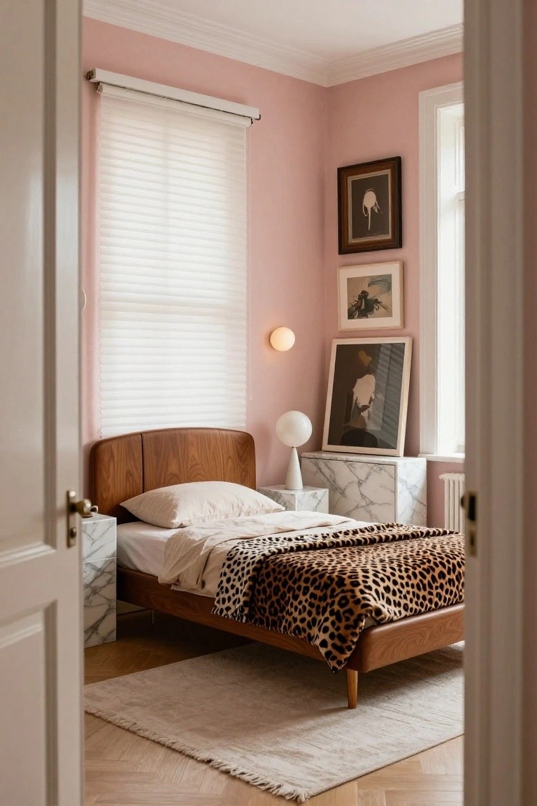 A bedroom viewed from the open doorway with blush pink walls, a wooden bed frame topped with white sheets and a leopard print throw, marble side tables, wall lamps, and assorted framed artwork.