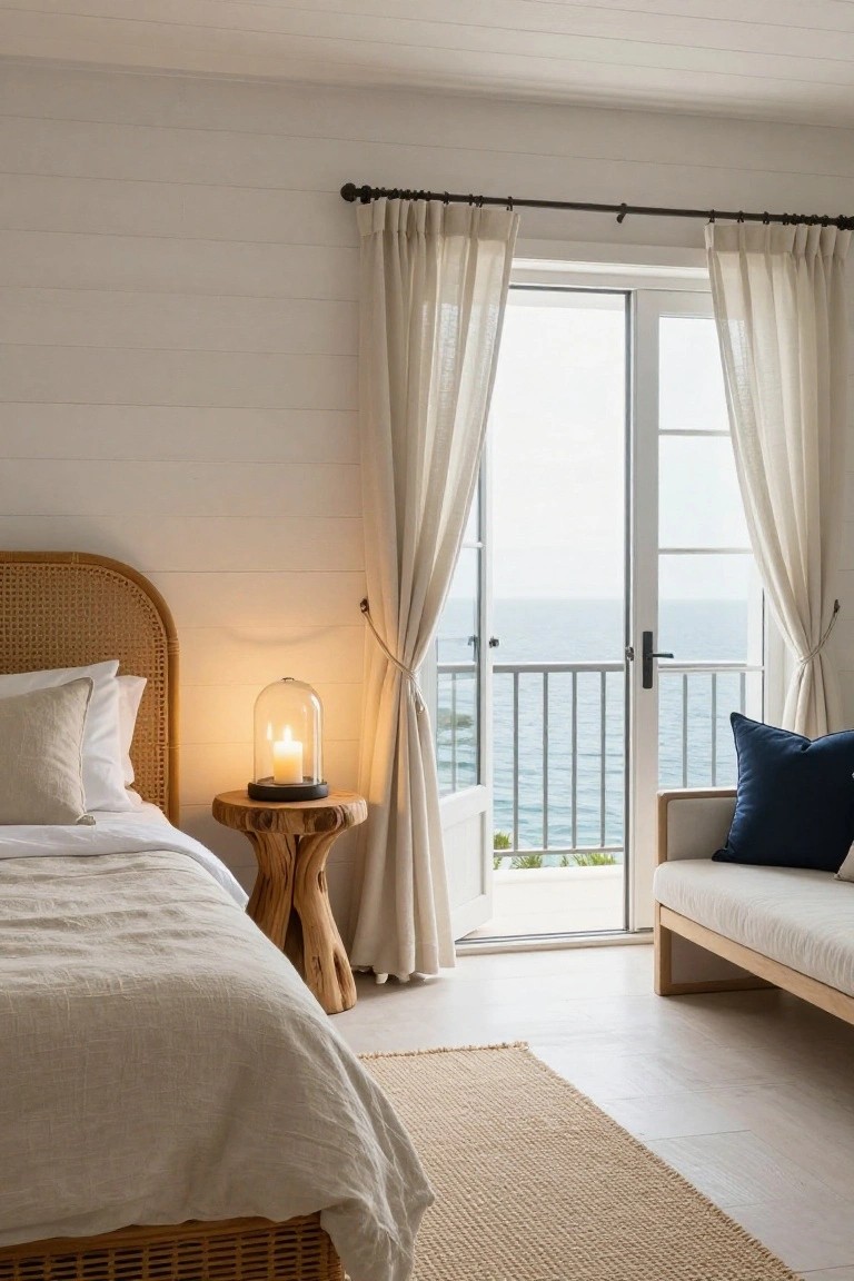 Bedroom interior featuring a rattan headboard bed with white linen bedding, a tree trunk side table holding a cloche candle lamp, sheer curtains on open French doors to an ocean-view balcony, white shiplap walls, and light wood flooring.