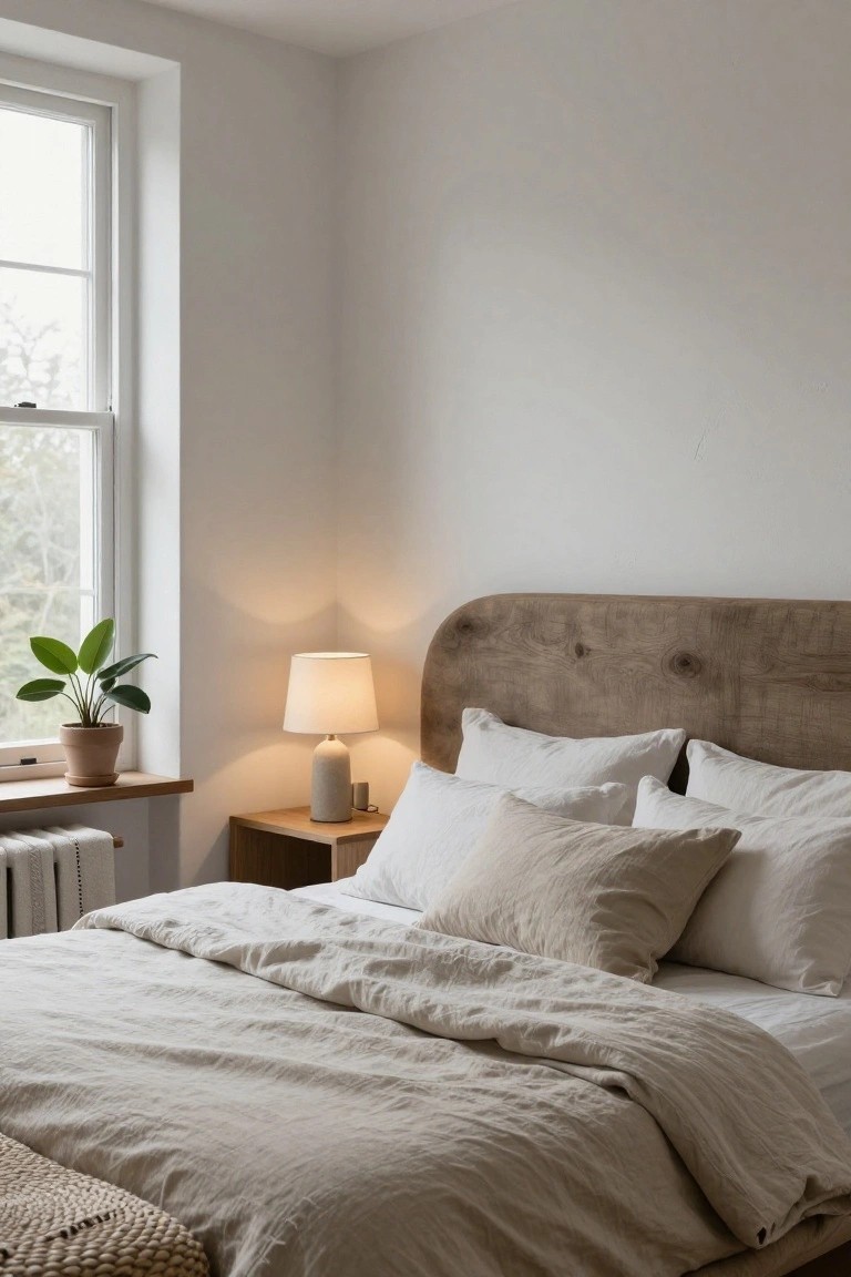 Bedroom corner featuring a curved natural wood headboard on a low platform bed with white and beige linen bedding and pillows, a ceramic lamp on a wooden nightstand, a potted green plant on a windowsill, and white walls with a radiator below.