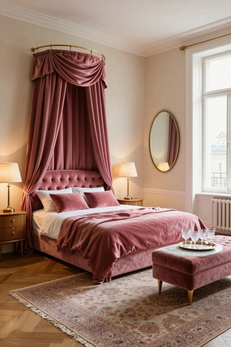 A bedroom with a king bed under pink velvet canopy drapes on a gold arched rod, tufted pink velvet headboard, white sheets with pink pillows and duvet, wood nightstands with lamps, round gold mirror on beige wall, pink velvet ottoman, Persian rug on herringbone hardwood floor.