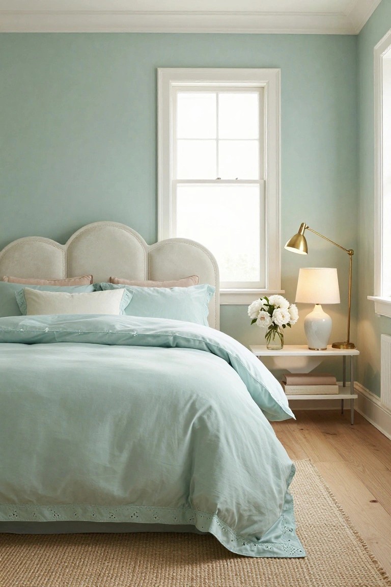 Bedroom interior with pale blue walls, white scalloped tufted headboard, mint green bedding with eyelet trim, brass arc lamp, white ceramic lamp on bedside table holding white roses in glass vase, hardwood floors, seagrass rug, and window with white trim.