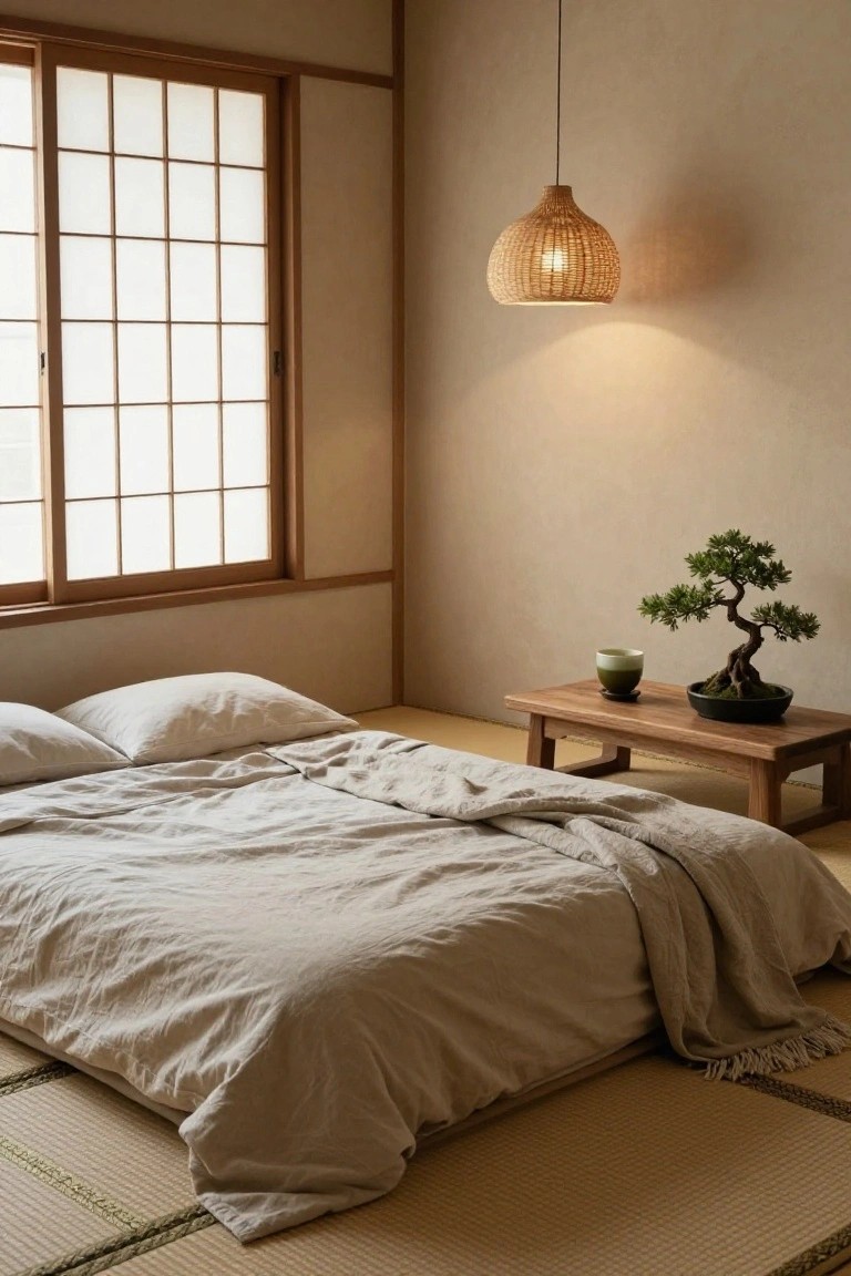 A minimalist bedroom with a low gray linen futon on tatami mats, wooden low table beside it holding a green teacup and black bonsai pot, shoji screen window, beige walls, and woven pendant lamp.