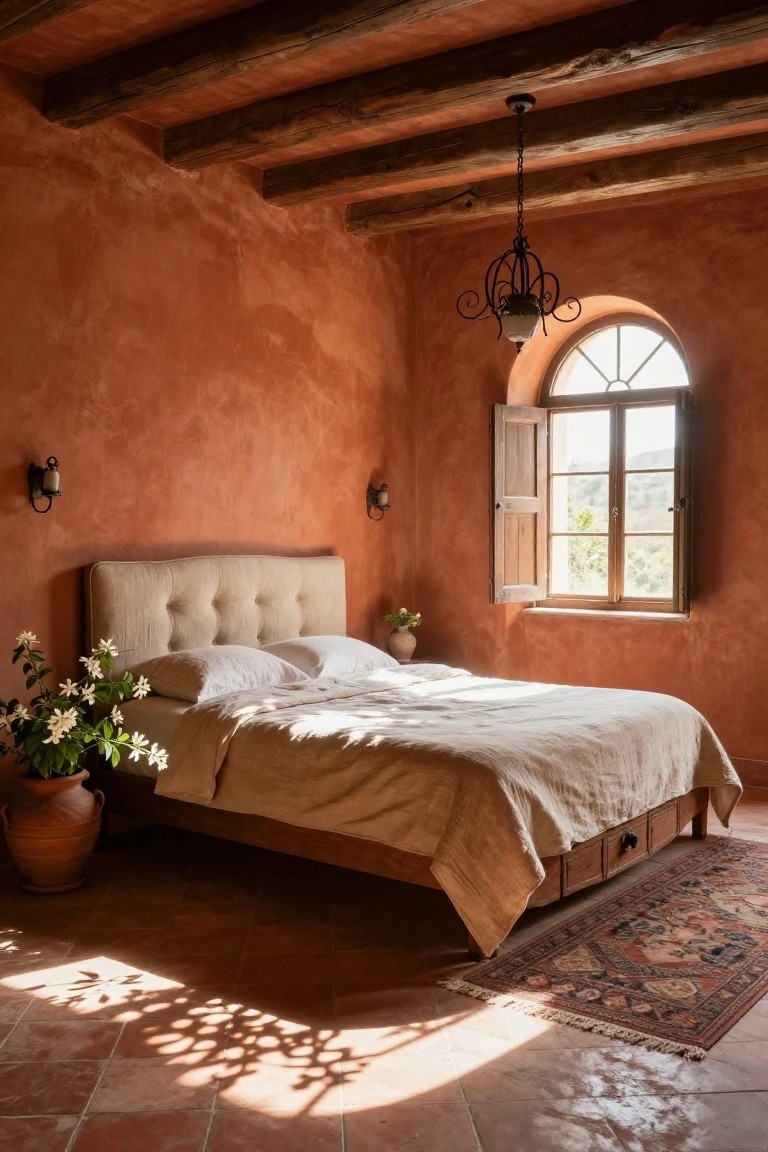 Bedroom with terracotta plaster walls, exposed wooden ceiling beams, tufted beige headboard bed with white linens, potted white flowers, wall sconces, arched window with wooden shutters, and terracotta tile floor.