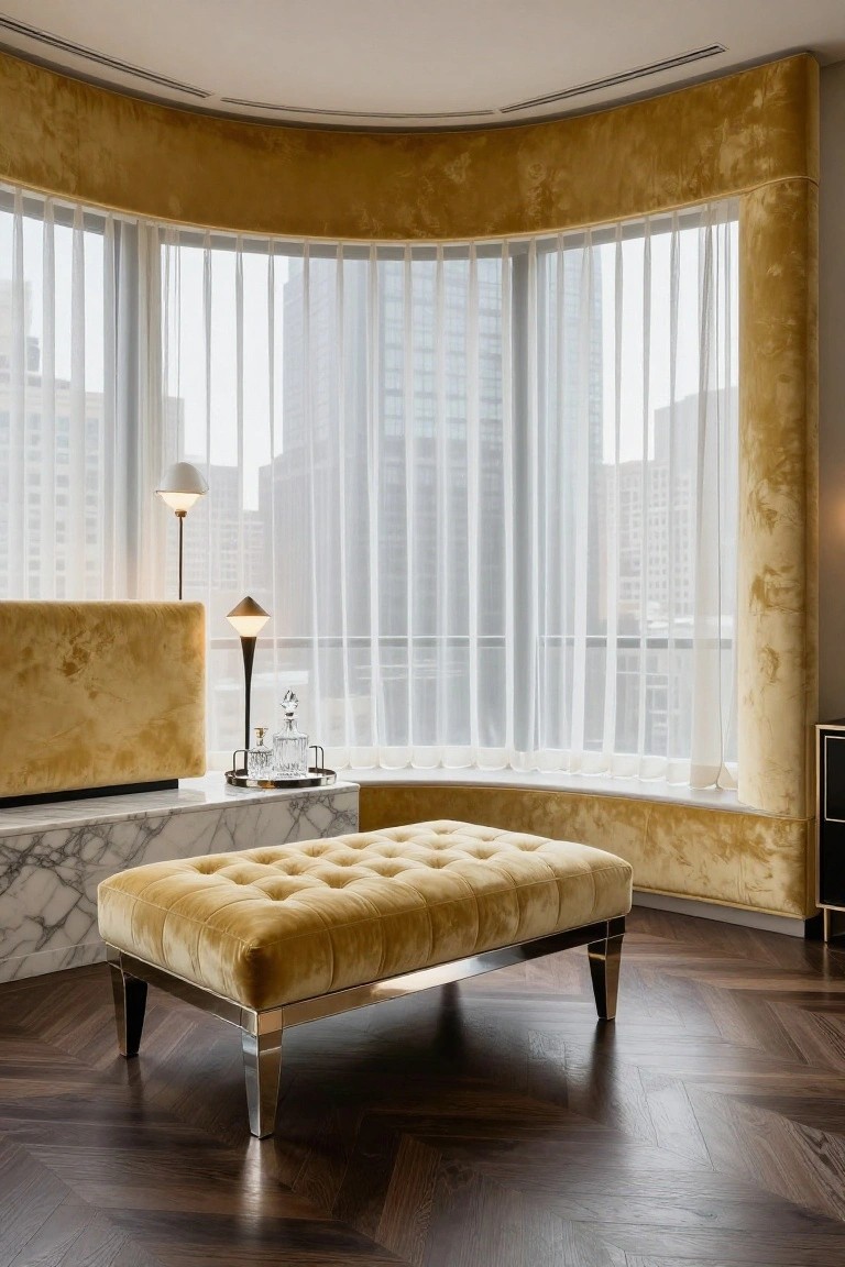 High-rise interior with curved yellow velvet wall and bay windows covered in sheer white curtains overlooking city buildings, featuring a white marble windowsill with gold tufted velvet bench on chrome legs, two lamps, a glass decanter on a tray, and herringbone wood flooring.