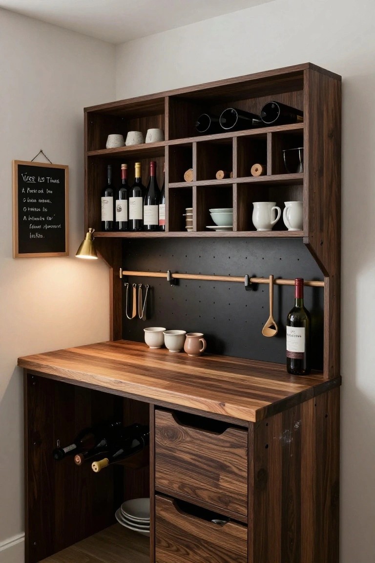 Wooden corner cabinet with upper shelves holding wine bottles and glasses, lower drawers and wine racks, a countertop workspace, pegboard back panel with hanging utensils, and a wall-mounted lamp nearby in a light kitchen setting.