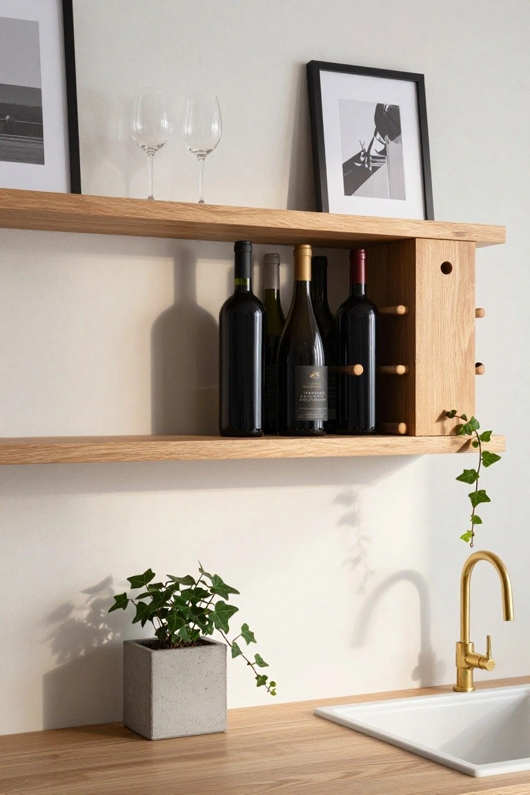 Oak shelving unit mounted on a white wall above a wooden kitchen counter holds several wine bottles horizontally in wooden peg holders, with two empty wine glasses on the shelf and a potted ivy plant on the counter near a white sink and gold faucet.