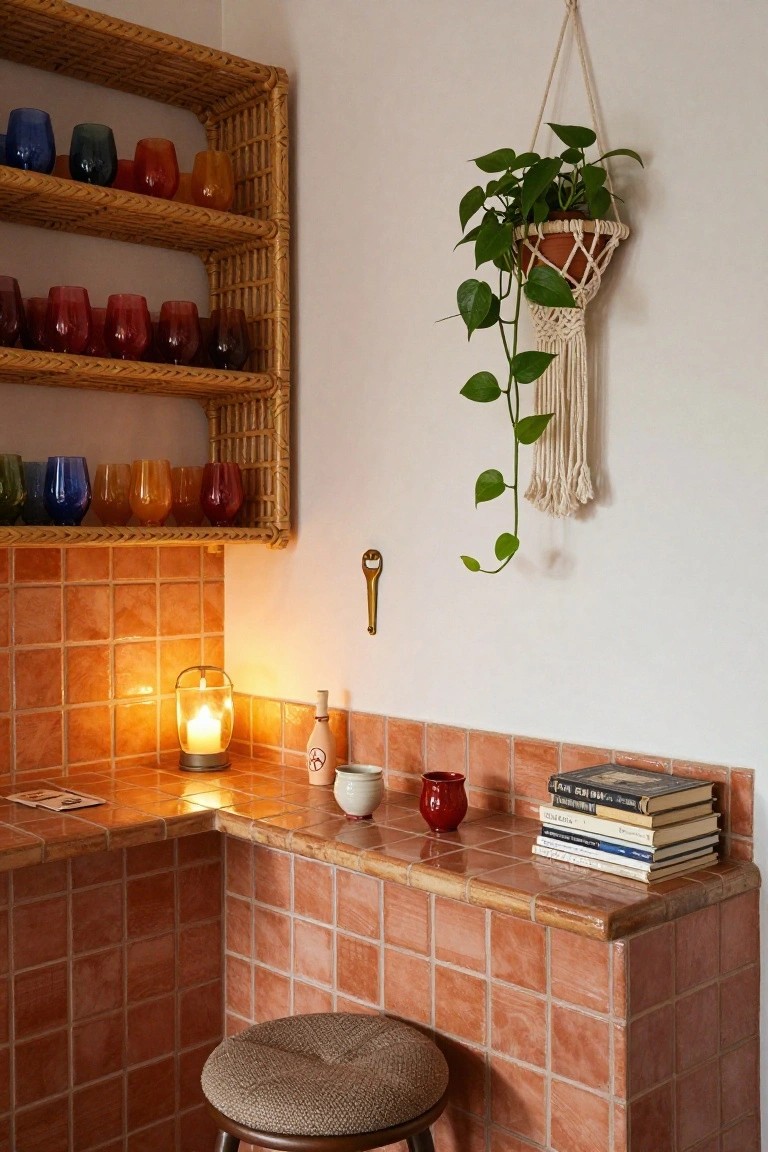 Corner bar area with orange terracotta tiled walls and counter, wicker shelves holding rows of colorful glass tumblers in various hues, hanging macrame plant holder, lantern light, small books stack, and woven stool.