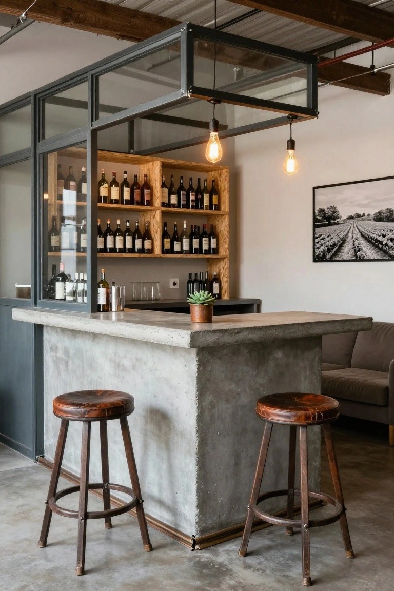 Interior of an industrial-style home wine bar with gray concrete countertop, brown leather barstools on wooden legs, wooden shelves holding wine bottles behind glass panels, and pendant lights overhead.