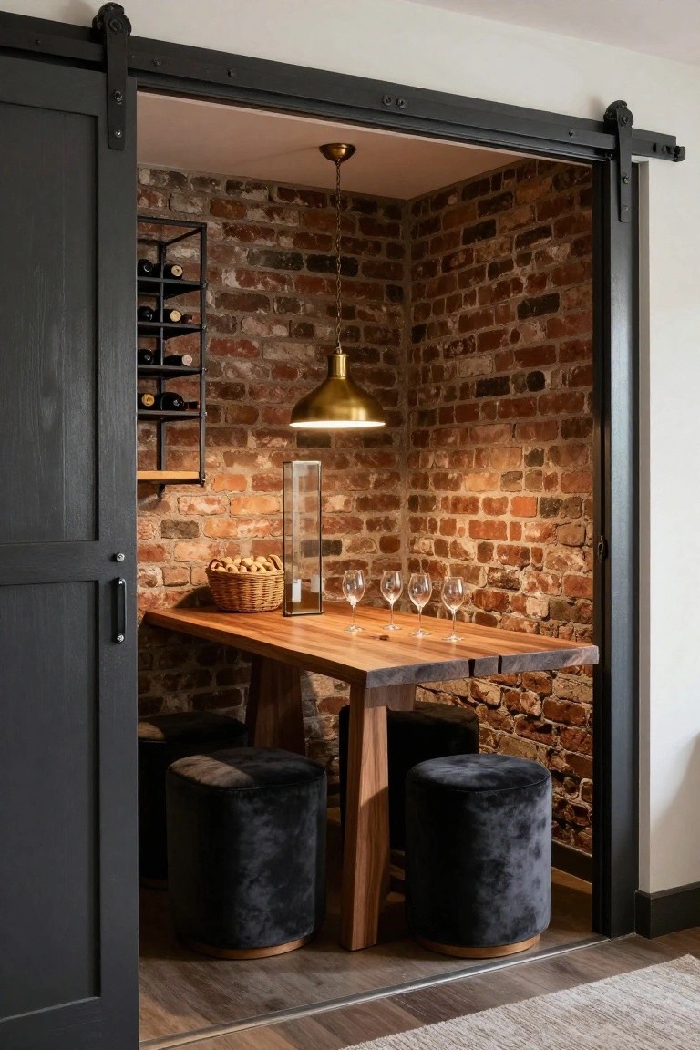 Indoor corner alcove wine bar with exposed brick walls, black metal wine rack holding bottles, wooden table topped with wine glasses and bread basket, two black velvet pouf stools, gold pendant light, and dark sliding barn door.