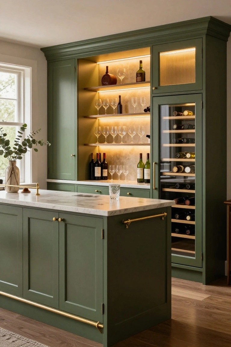 Kitchen with tall emerald green cabinets featuring backlit open shelves holding wine glasses and bottles, a glass-front wine refrigerator, brass hardware, and a white marble island.
