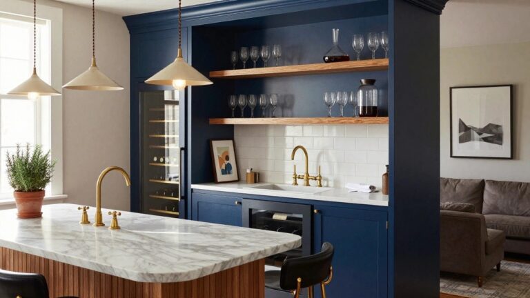 22 Sophisticated Home Wine Bar Ideas For Relaxed Nights Navy blue kitchen island with built-in wine fridge, two leather bar stools with gold frames, white marble countertop, gold faucet, and adjacent dark blue cabinetry with open wood shelves holding wine bottles and glasses against white subway tile backsplash.