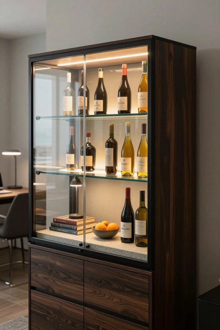 Tall wooden cabinet with glass doors and LED lighting displaying rows of wine bottles on glass shelves, a bowl of oranges and books on the bottom shelf above four drawers, positioned beside a desk and chair in a contemporary interior.