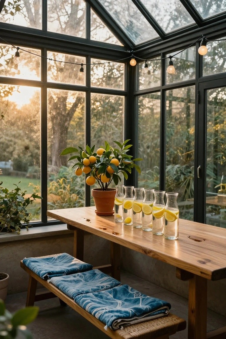 Glass greenhouse interior with wooden table set with glasses of lemon water and lemon slices, potted orange tree, benches covered in blue cushions, string lights overhead, and garden visible through windows.
