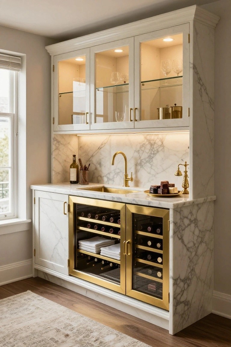 White cabinetry wet bar with marble countertop, gold-framed glass-door wine cooler, brass sink faucet, upper lit glass display cabinets, and bottles on shelves in a room with window and wood floor.