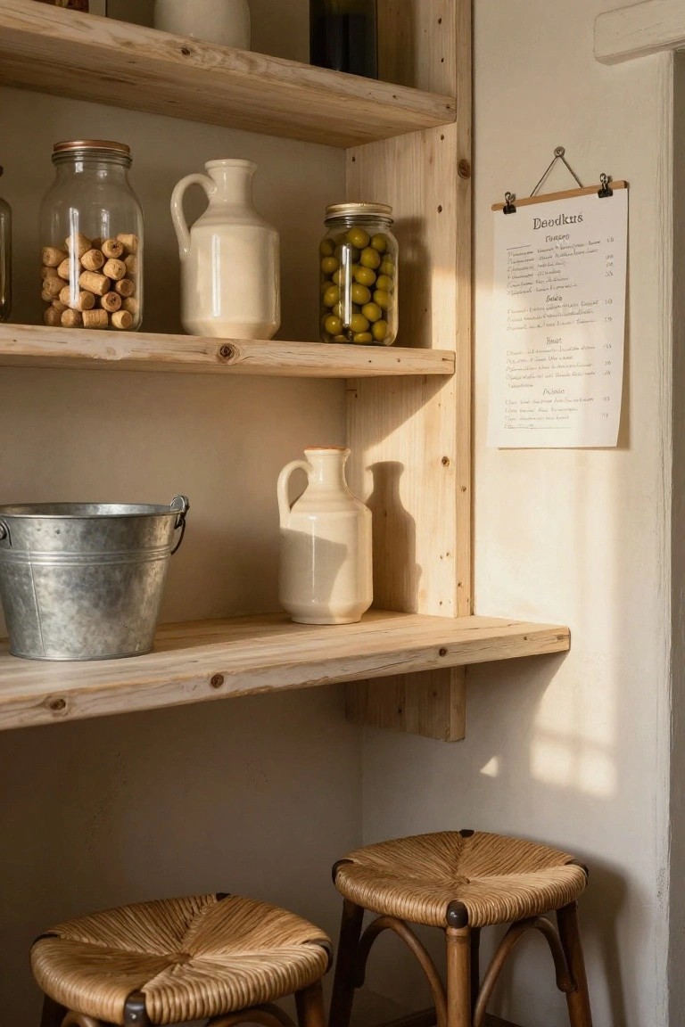 Wooden open shelving unit against a white wall holding glass jars of olives and corks, white ceramic pitchers and jugs, a galvanized metal bucket on the lower shelf, with two rattan stools below and a paper menu board labeled Deædkus hanging beside.