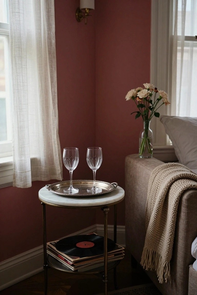 Small round marble-topped pedestal table with silver tray holding two empty stemmed wine glasses, next to a beige sofa with knit throw, vase of pale flowers on table, pink wall, sheer curtains, and stack of vinyl records below in cozy interior corner.