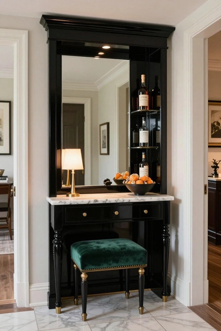 Black lacquered built-in vanity with large mirror, shelves holding liquor bottles, marble top with lamp and oranges in black bowl, green velvet stool, positioned in light gray interior corner.