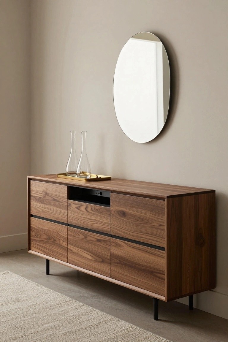 A low-profile walnut wood credenza with six drawers, black accents, and a built-in charging station, topped with a gold tray holding two tall glass decanters, positioned beside a large oval mirror on a beige wall above a light rug.