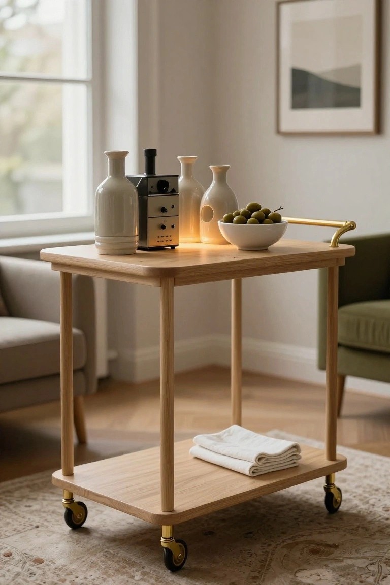 Wheeled Wooden Trolley as Wine Station
